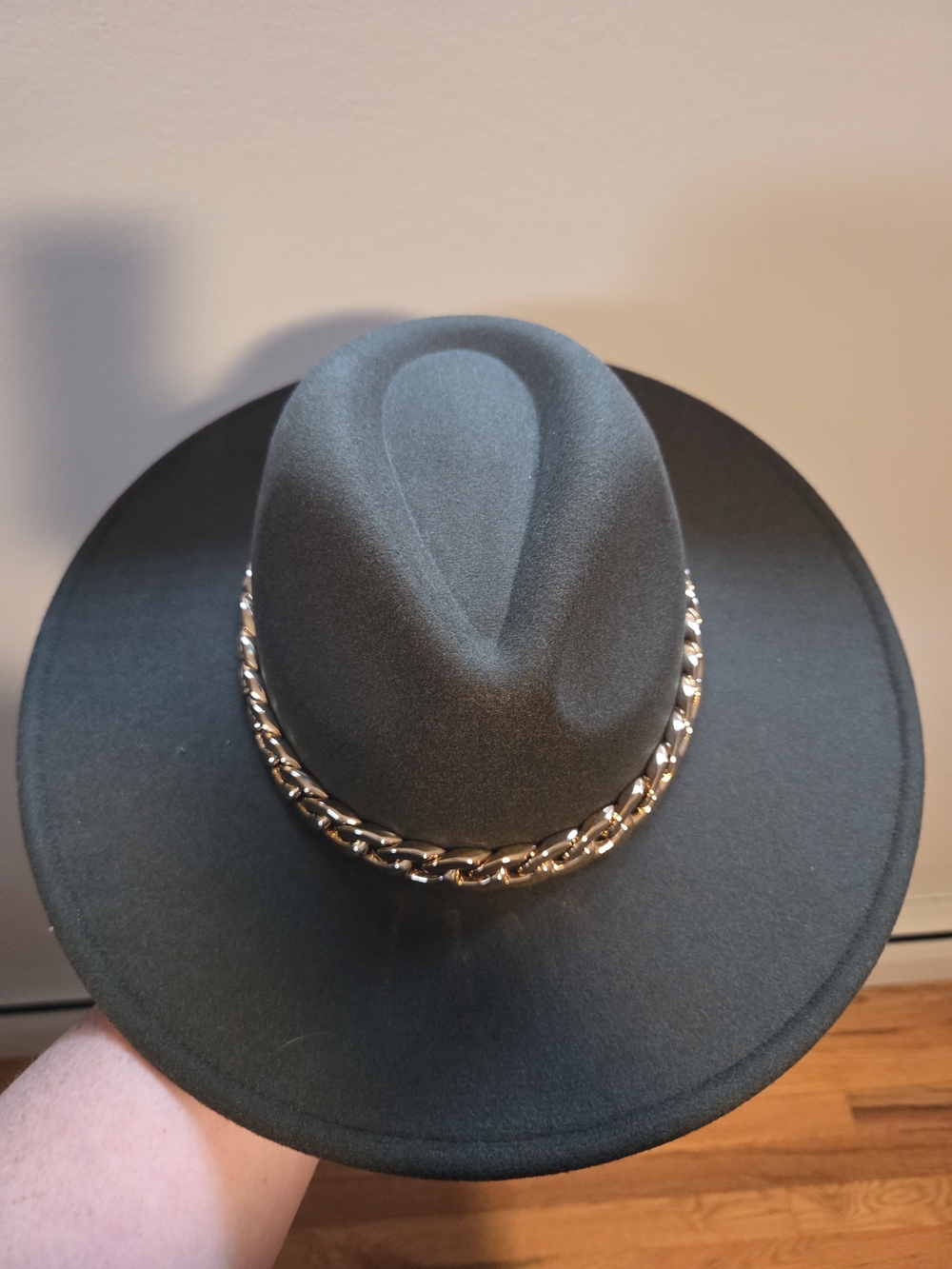 Hunter Green Felt Wide Brim Hat with Gold Chain Accent